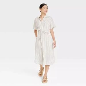 A New Day Women's Short Sleeve Linen Midi Shirtdress Black White Striped XXL